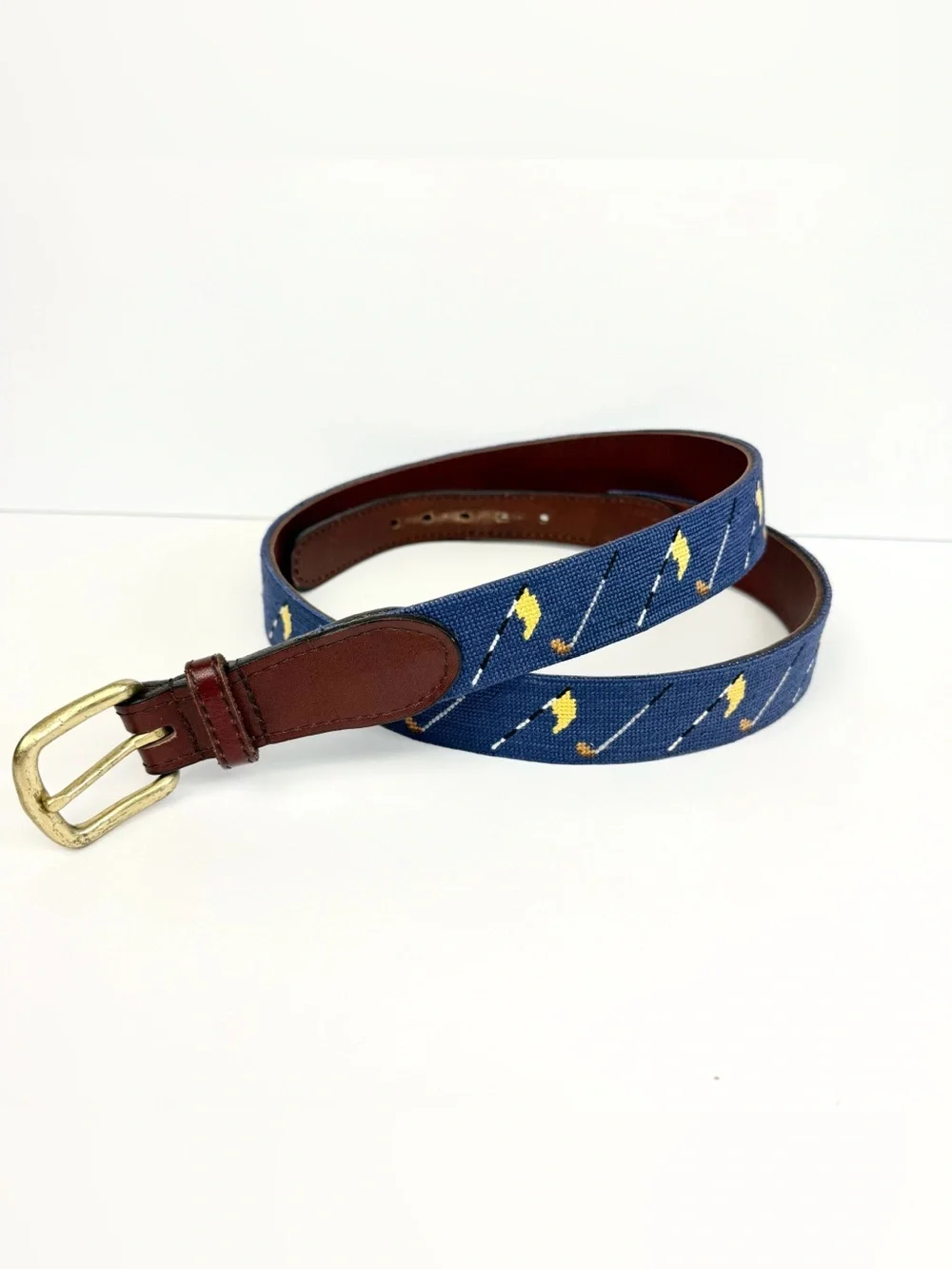 Smathers & Branson Mens Golf Flag Needlepoint Belt Navy Blue Leather Size 42